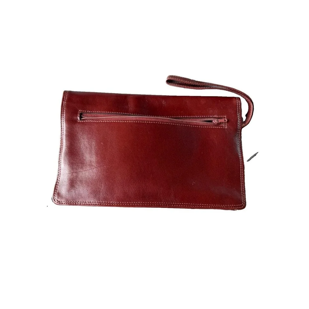 Vintage Leather Envelope Clutch W/ Wrist Strap Brown Minimalist Y2K